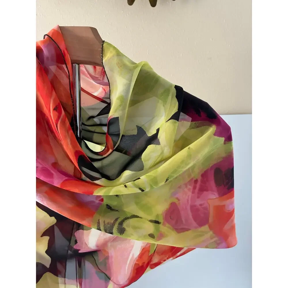 Colorful Chiffon Scarf Watercolor Floral Design Pink Orange Green Black 58